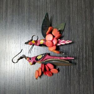 Vintage Multicolor Parrot Earrings Tropical Island Birds Artsy Artisan Wood Fun